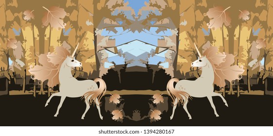 Autumn forest landscape with two magic unicorns with manes in shape of viburnum leaves. Pattern in beige and golden tones. Print for fabric, wallpaper, endless border. Carpet. Grunge background.