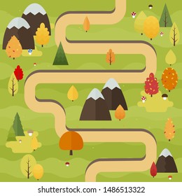 Autumn forest landscape vector illustration. Flat style orange, yellow, red trees with mountains.