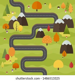 Autumn forest landscape vector illustration. Flat style orange, yellow, red trees with mountains.