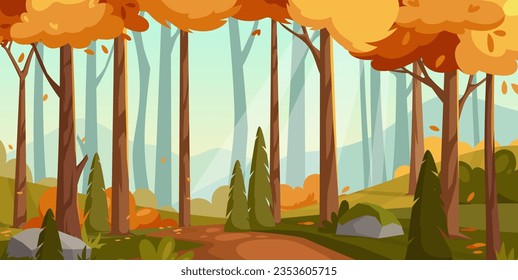Autumn forest landscape. Vector illustration of nature and panoramic mountains. Cartoon fall forest park with place for camping.