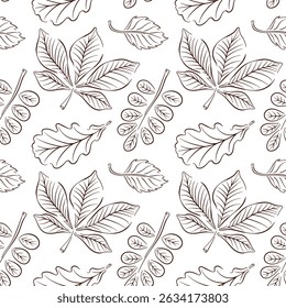 Autumn forest leaf seamless pattern in line art style. Chestnut, acacia, oak, birch background design for greeting, invitation, wrapping paper, textile.