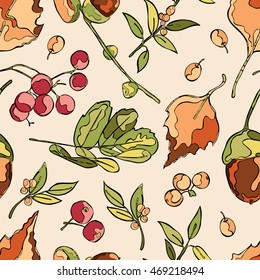 Autumn forest: leaves, acorns, berries. Seamless vector pattern (background).
