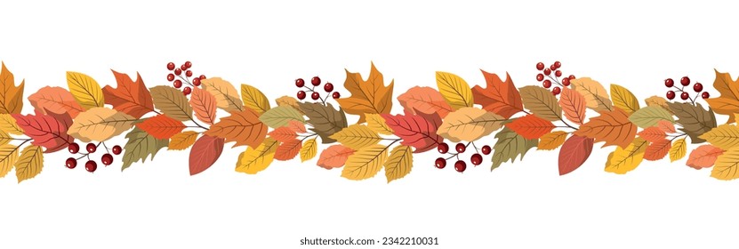 Autumn forest leaves and berries horizontal seamless border. Great design for Thanksgiving Day, harvest holiday. Isolated on white background.