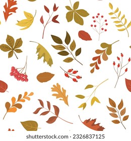 Autumn forest leaves and berries seamless pattern. Seasonal flat vector illustration. Fall season specific vector background. Perfect for greetings, invitations, wrapping paper, textiles.