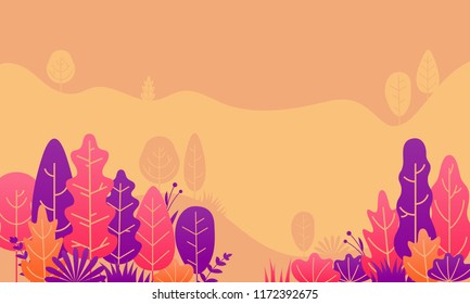 Autumn forest leaves flat illustration design. Vector fall trees and plants for gradation landscape background Autumn forest leaves flat illustration design. Vector fall trees and plants for gradation landscape background