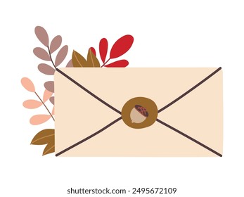Autumn forest leaves in opened envelope isolated on white background. Seasonal Autumn vibes design for greeting cards, web or poster