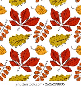 Autumn forest leaves seamless pattern in line art style. Fall season background design in flat style. Perfect for greeting, invitation, wrapping paper, textile.