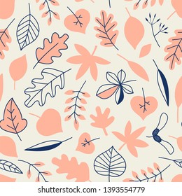 Autumn Forest Leaves seamless vector pattern. Woody tree leafy repeatable background. Woodland childish print in Scandinavian decorative style. Cute forest print for children fashion fabric.