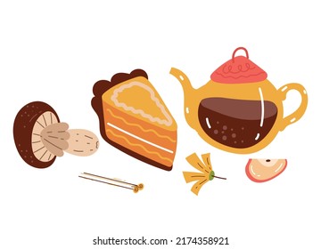 Autumn forest meal with pie and hot drink concept. Vector cartoon design element illustration