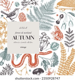 Autumn forest minimalist design template. Woodland animals, ferns, fall leaves, mushroom sketches. Hand drawn vector illustration. Greeting card or invitation.