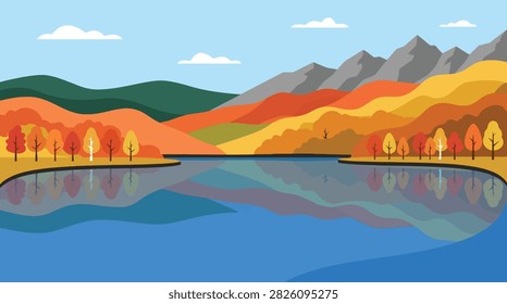 Autumn forest and mountain lake reflection landscape with mountains, landscape