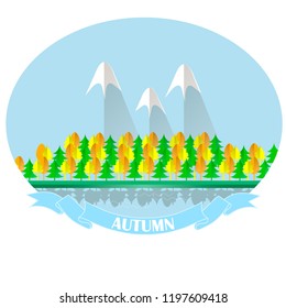 Autumn forest and mountain landscape typography banner. Blue sky, orange, yellow, green trees reflected in the water. Flat design, beautiful stock vector illustration for web, for print