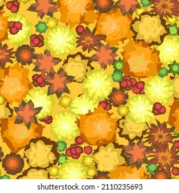 Autumn forest. Multicolored landscape top view. Scene with yellow and orange trees and bushes from height. Above countryside. Cartoon style illustration. Vector.