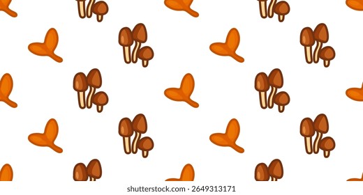 Autumn Forest Mushroom Pattern. Seamless pattern with cartoon mushrooms and autumn seeds. Flat illustration in warm orange-brown colors, isolated on white background.