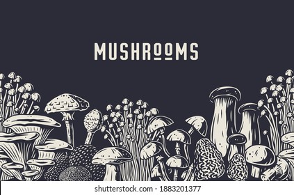 Autumn forest mushroom picking, vegetarian menu frame