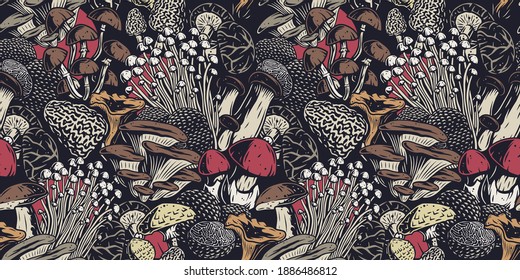 Autumn forest mushroom picking, vegetarian menu seamless pattern