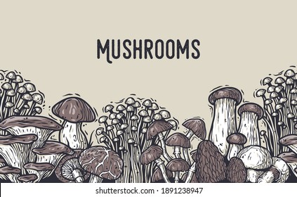 Autumn forest mushroom picking, vegetarian menu frame