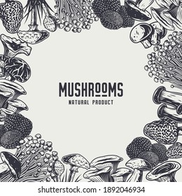 Autumn forest mushroom picking, vegetarian menu frame