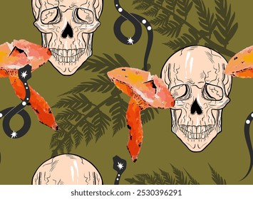 Padrão místico da floresta de outono com cogumelo, crânio e cobra. Conceito de Halloween.