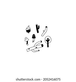 Autumn forest objects. Black line hand drawn scandinavian style branch, acorn and mushrooms. Scandi design elements, kids posters and nursery decor, vector isolated on white background illustration