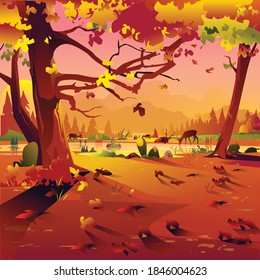 Autumn forest at orange sunset. Serene papercut digital vector illustration of woodland creatures at sundown in a forest in fall. Deer drink at a pond or stream, small bushes and leaves on the ground.