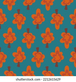 Autumn forest, orange tree on green emerald background, seamless pattern for simple baby textile