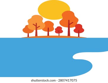 Autumn forest with orange trees and sun by the lake