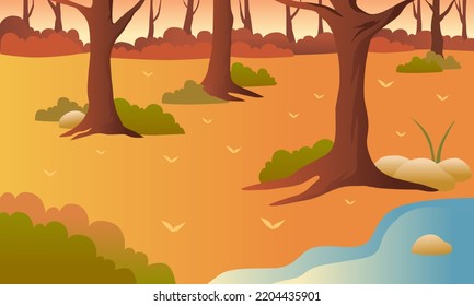 Vector de ilustración panorámica del bosque otoñal. Hojas que caen con el cielo naranja
