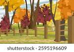 Autumn forest or park behind wooden fence. Farm. Realistic vector landscape