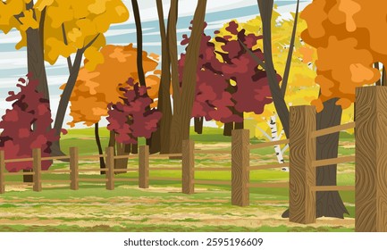 Autumn forest or park behind wooden fence. Farm. Realistic vector landscape