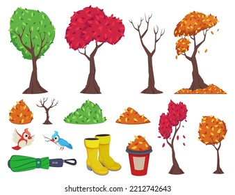 Autumn forest or park elements vector illustrations set. Cartoon drawings of autumn trees, fallen leaves or foliage, umbrella, birds on white background. Autumn or fall, season, weather concept