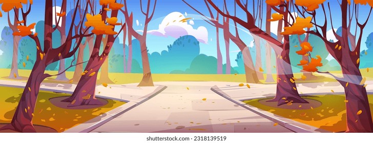 Autumn forest park road street cartoon landscape. Garden nature scenery walkway drawing environment illustration in fall season. Orange public alley with footpath and falling leaves in september