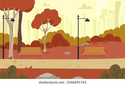 Autumn forest park street scene concept. Vector flat graphic design illustration