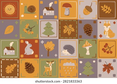 Autumn forest patchwork seamless pattern with wild animals, leaves, berries, pine cones, houses, cloud, acorn, mushrooms. Cartoon objects in warm tones on mosaik geometric background.                