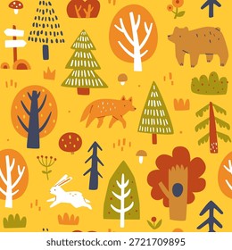 Padrão de floresta de outono com animais. Impressão de floresta de queda sem costura.