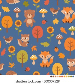 Autumn forest pattern with cute animals illustration.