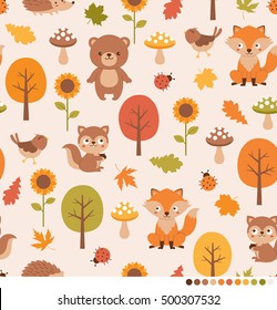 Autumn forest pattern with cute animals illustration.
