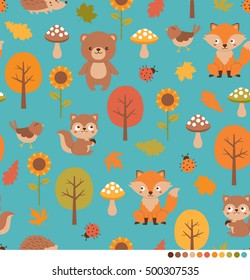 Autumn forest pattern with cute animals illustration.