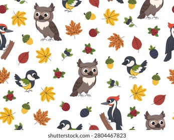 Autumn forest pattern with cute birds. Seamless pattern with an owl, woodpecker, and titmouse, autumn leaves and berries. Seamless background.