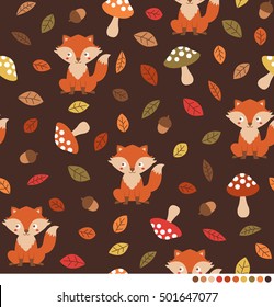 Autumn forest pattern with cute fox, mushroom and leaf illustration