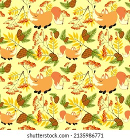 Autumn Forest pattern with cute foxes, pine branches and cones, rowan fruits and leaves. Seamless pattern for fabric, paper and other printing and web projects.