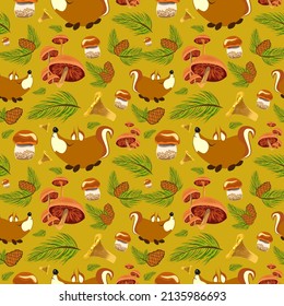 Autumn Forest pattern with cute squirrels, mushrooms, pine branches and cones. Seamless pattern for fabric, paper and other printing and web projects.