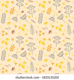 Autumn forest pattern. Illustration of autumn plants and leaves drawn in flat style on a light brown background. Vector 8 EPS.