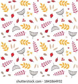 Herbstwaldmuster. Illustration von Herbstpflanzen und Rosshire im flachen Stil auf weißem Hintergrund. Vektor 8 EPS.