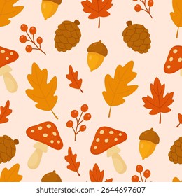 Padrão de floresta de outono com folhas cogumelos bolotas e bagas. Caia sem problemas. Ilustração sazonal de Woodland.