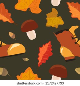 Autumn forest pattern. Oak, maple, mushroom and boots. Vector fall pattern. Fall harvest.