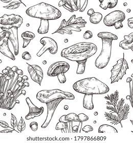 Autumn forest pattern. Sketch mushrooms, forest food berries leaves background. Vintage botanical harvest vector seamless texture. Forest organic mushroom champignon and boletus illustration