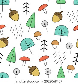 autumn forest pattern, trees, mushrooms, acorns, nature


