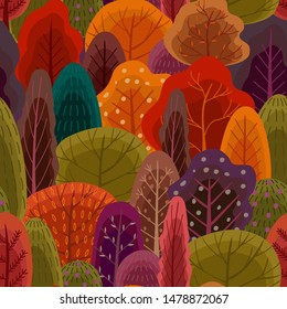 Autumn forest pattern. Vector seamless texture. Trendy flat style.