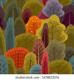 Autumn forest pattern. Vector seamless texture. Trendy flat style.